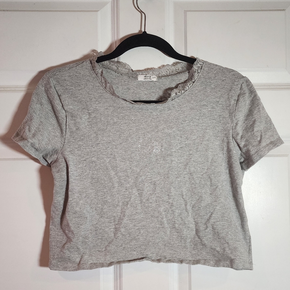 Ardene Gray Silver Butterfly Short Sleeve Crop Top XL